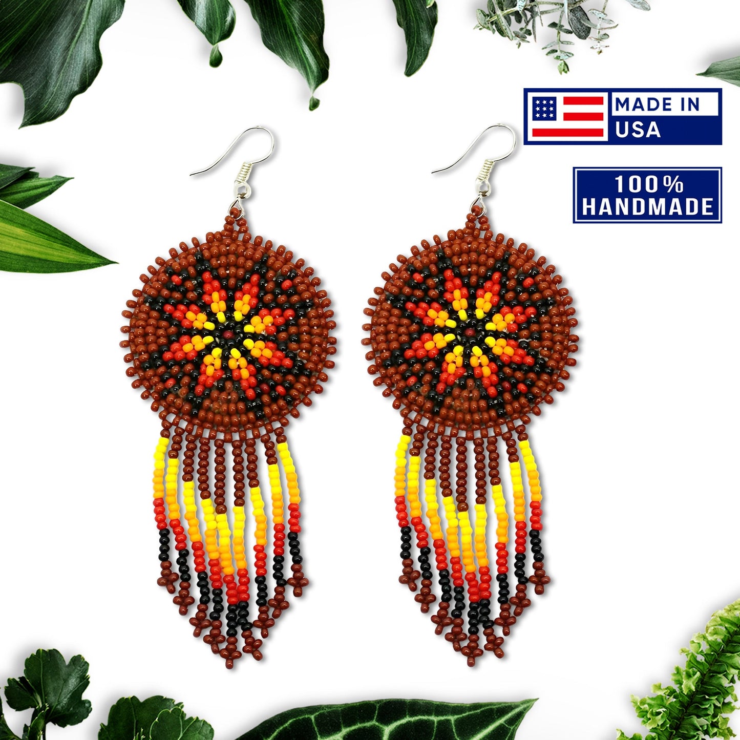 SALE 30% OFF - Brown Fire Color Flower Round Beaded Handmade Earrings For Women