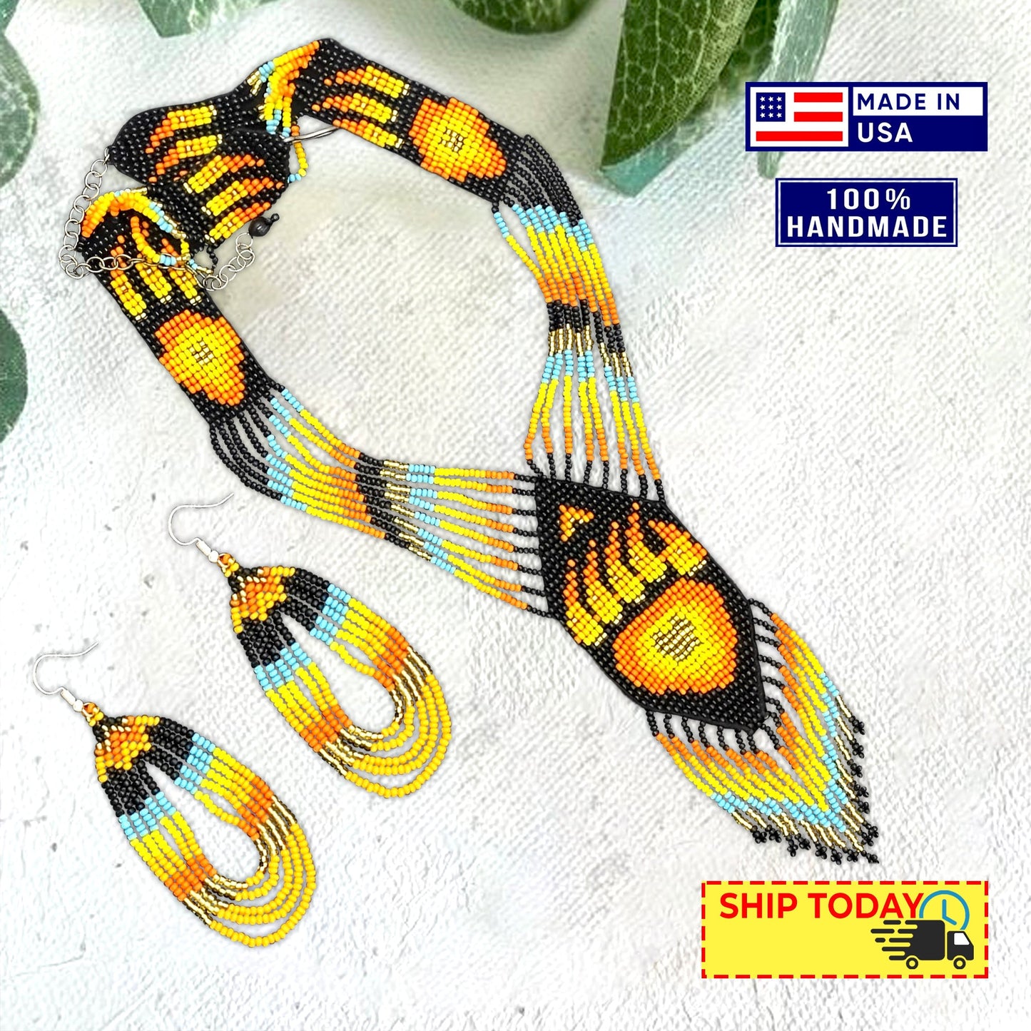 SALE 50% OFF - Orange Black Fire Seed Beaded Necklace Earrings Bear Paw Beadwork