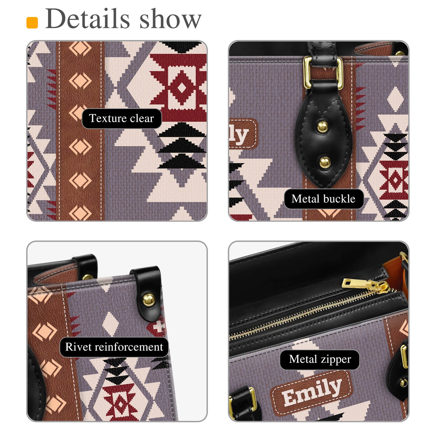 Personalized Leather Handbag for Women - Design Patten Boho Aztec Style LB08