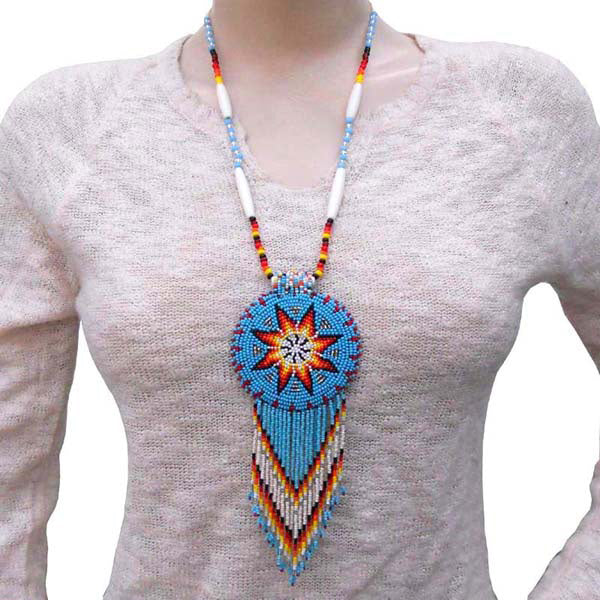 Turquoise Blue Seed Bead Long Star Medallion Beaded Necklace WCS
