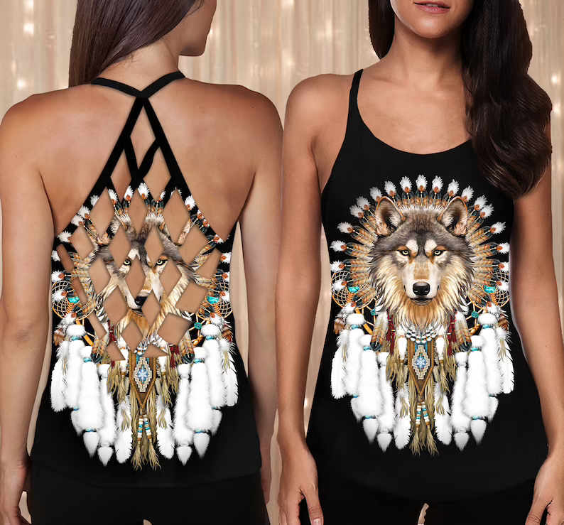 Wolf Native American Criss Cross Tank Top WCS