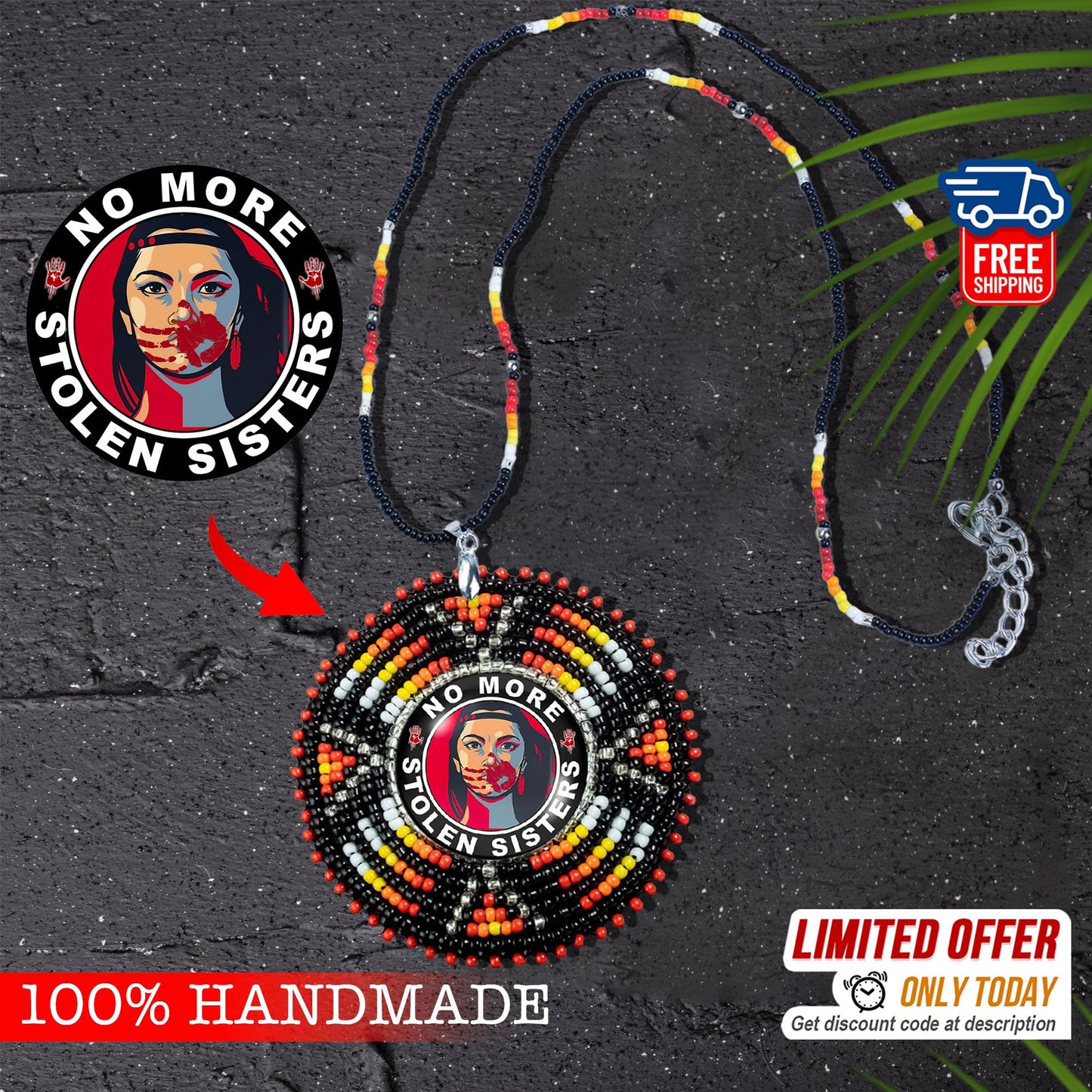 SALE 30% OFF - No More Stolen Sister Sunburst Handmade Glass Beaded Patch Necklace Pendant