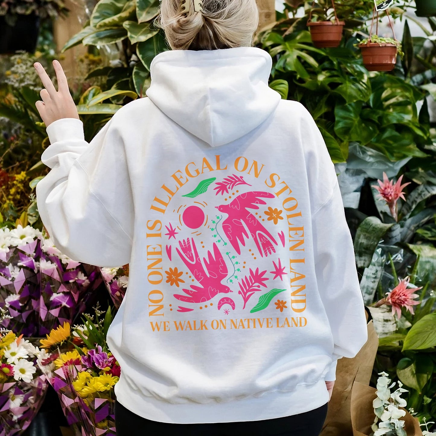 NO ONE IS ILLEGAL ON STOLEN LAND. WE WALK ON NATIVE LAND Style 2 - Two Sides Unisex T-Shirt/T-Shirt V-Neck/Hoodie/Sweatshirt