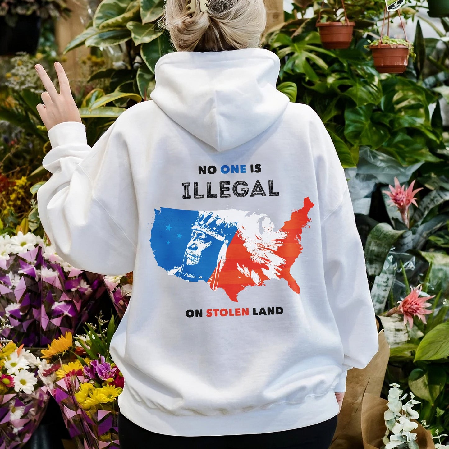 NO ONE IS ILLEGAL ON STOLEN LAND. WE WALK ON NATIVE LAND Style 9 - Two Sides Unisex T-Shirt/T-Shirt V-Neck/Hoodie/Sweatshirt