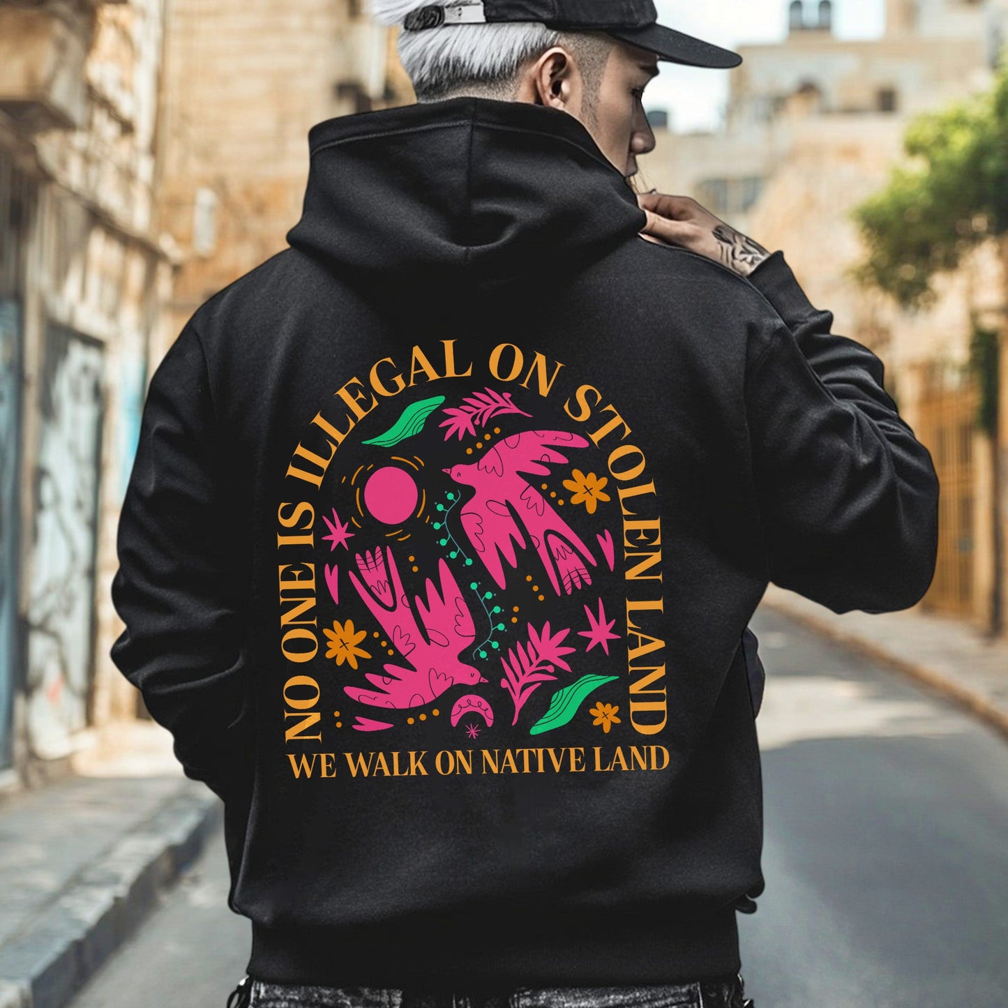 NO ONE IS ILLEGAL ON STOLEN LAND. WE WALK ON NATIVE LAND Style 2 - Two Sides Unisex T-Shirt/T-Shirt V-Neck/Hoodie/Sweatshirt
