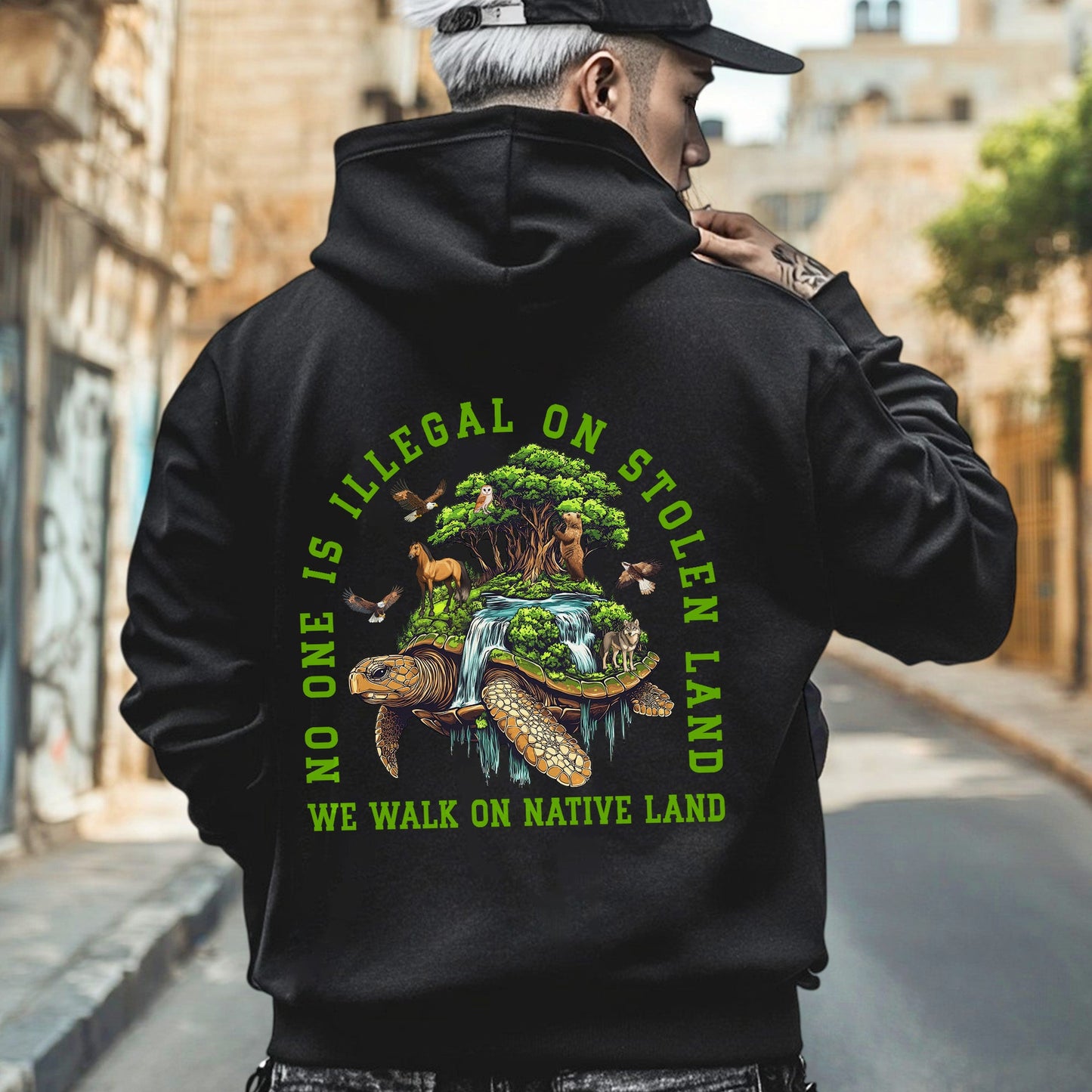 NO ONE IS ILLEGAL ON STOLEN LAND. WE WALK ON NATIVE LAND Style 4 - Two Sides Unisex T-Shirt/T-Shirt V-Neck/Hoodie/Sweatshirt