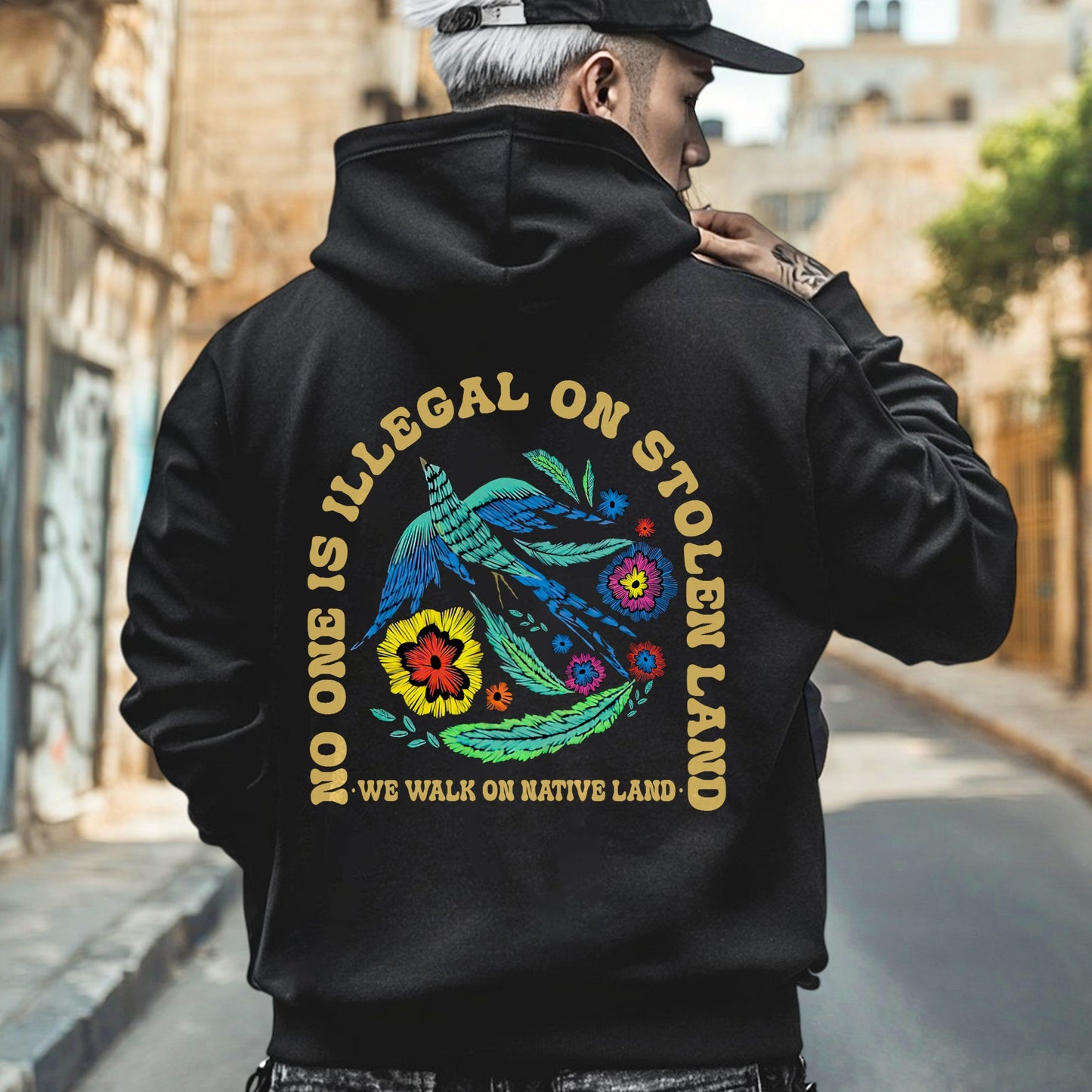 NO ONE IS ILLEGAL ON STOLEN LAND. WE WALK ON NATIVE LAND Style 10 - Two Sides Unisex T-Shirt/T-Shirt V-Neck/Hoodie/Sweatshirt