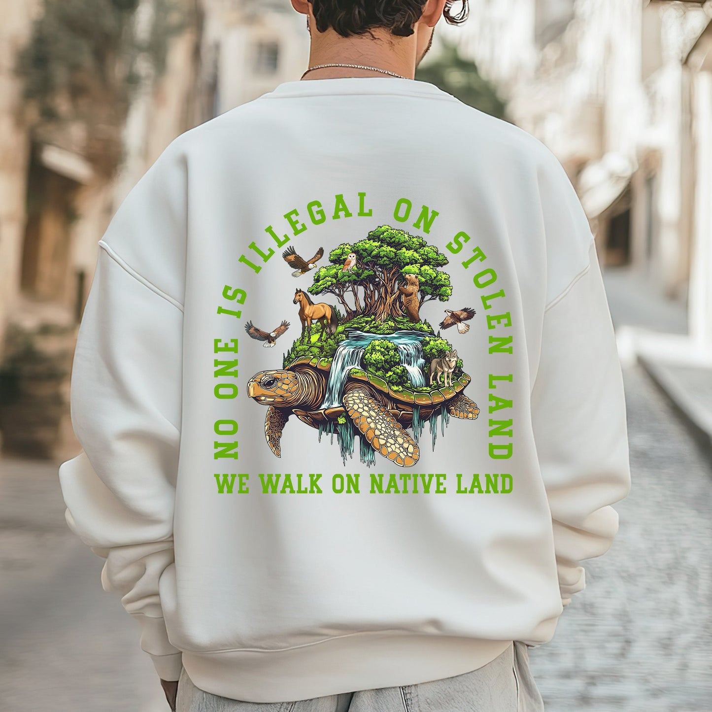 NO ONE IS ILLEGAL ON STOLEN LAND. WE WALK ON NATIVE LAND Style 4 - Two Sides Unisex T-Shirt/T-Shirt V-Neck/Hoodie/Sweatshirt