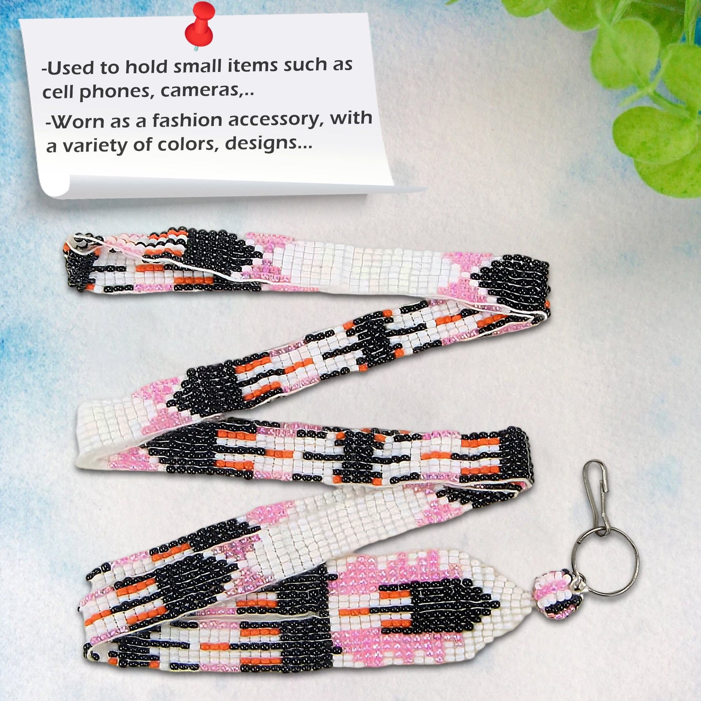 SALE 30% OFF - Pink White Black Beaded Feather Beadwork Lanyard Id Holder Handmade