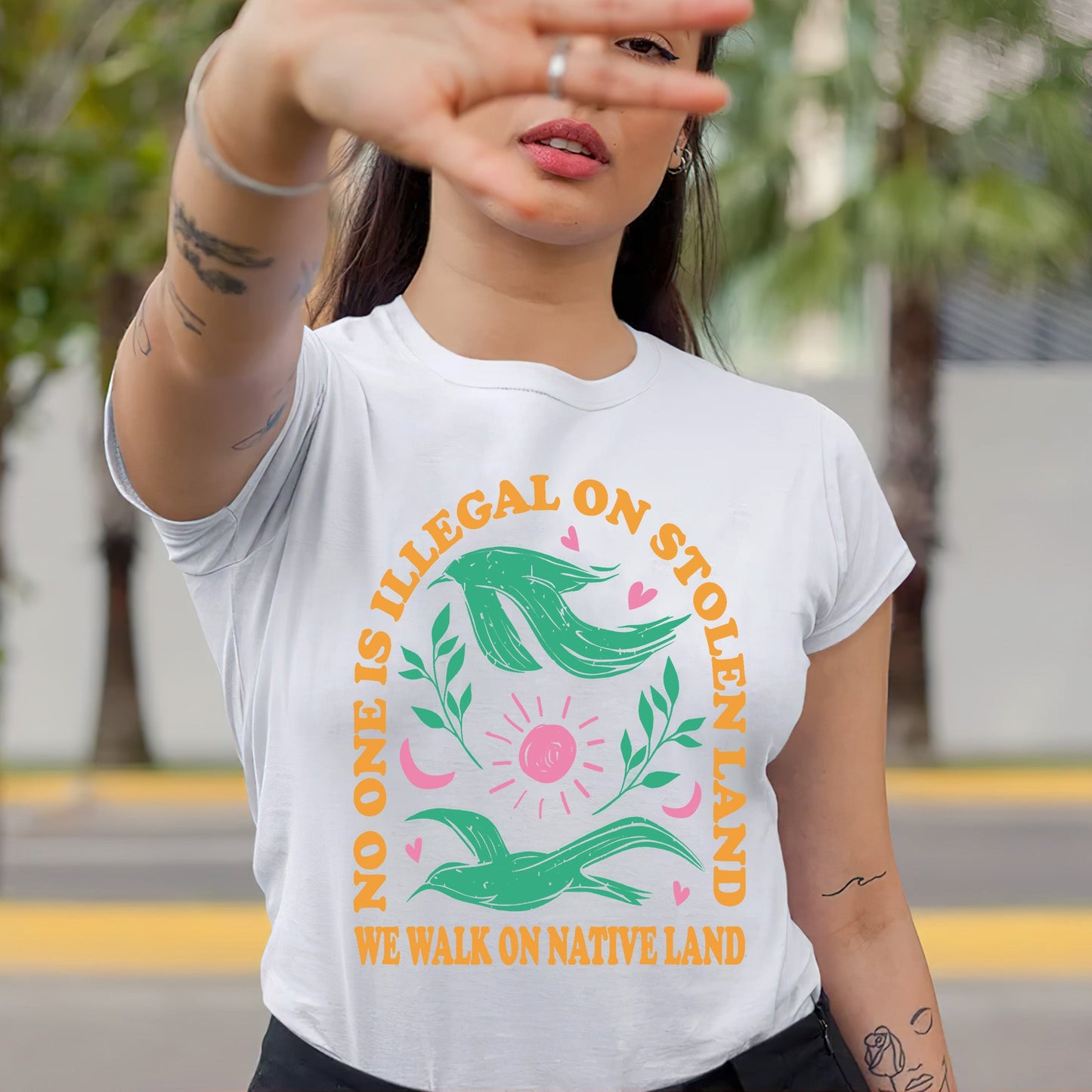NO ONE IS ILLEGAL ON STOLEN LAND. WE WALK ON NATIVE LAND Style 3 - One Sides Unisex T-Shirt/T-Shirt V-Neck/Hoodie/Sweatshirt