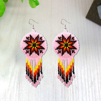 SALE 30% OFF - Pink Fire Color Round Beaded Handmade Earrings For Women