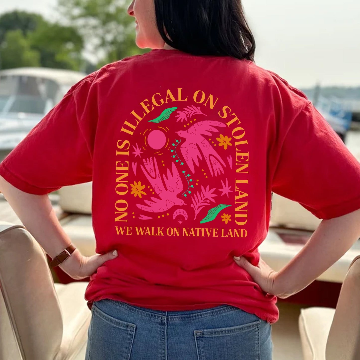 NO ONE IS ILLEGAL ON STOLEN LAND. WE WALK ON NATIVE LAND Style 2 - Two Sides Unisex T-Shirt/T-Shirt V-Neck/Hoodie/Sweatshirt