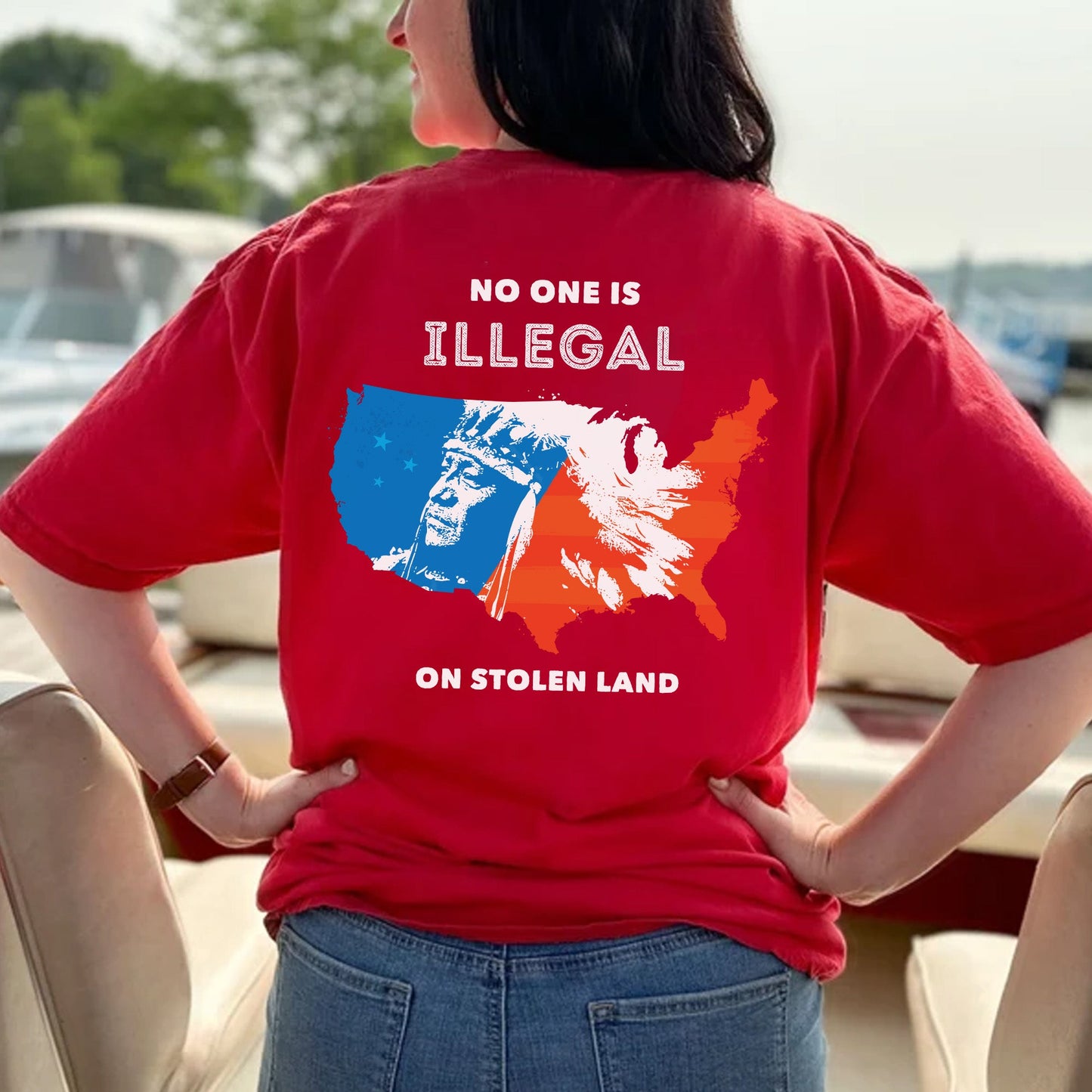 NO ONE IS ILLEGAL ON STOLEN LAND. WE WALK ON NATIVE LAND Style 9 - Two Sides Unisex T-Shirt/T-Shirt V-Neck/Hoodie/Sweatshirt
