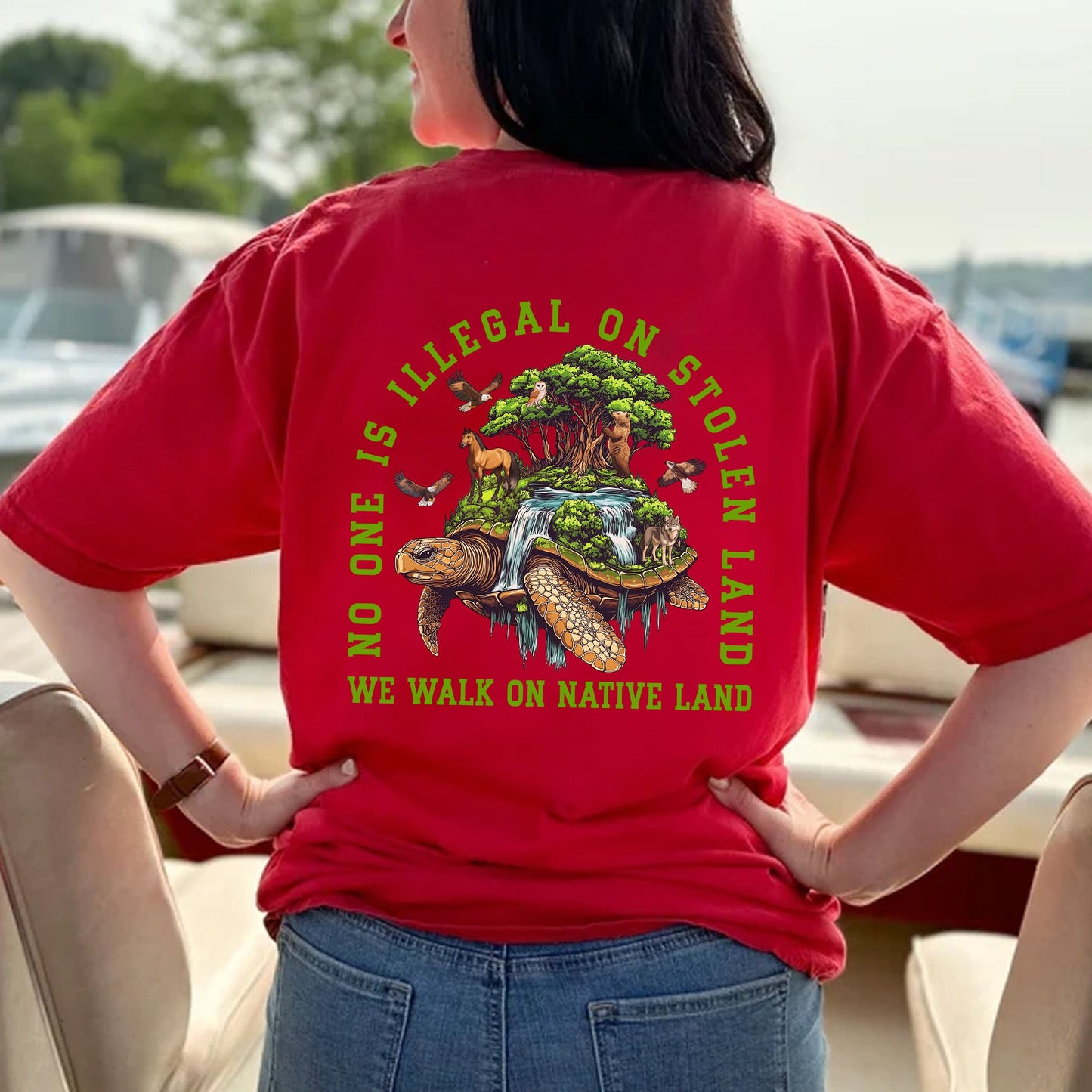 NO ONE IS ILLEGAL ON STOLEN LAND. WE WALK ON NATIVE LAND Style 4 - Two Sides Unisex T-Shirt/T-Shirt V-Neck/Hoodie/Sweatshirt