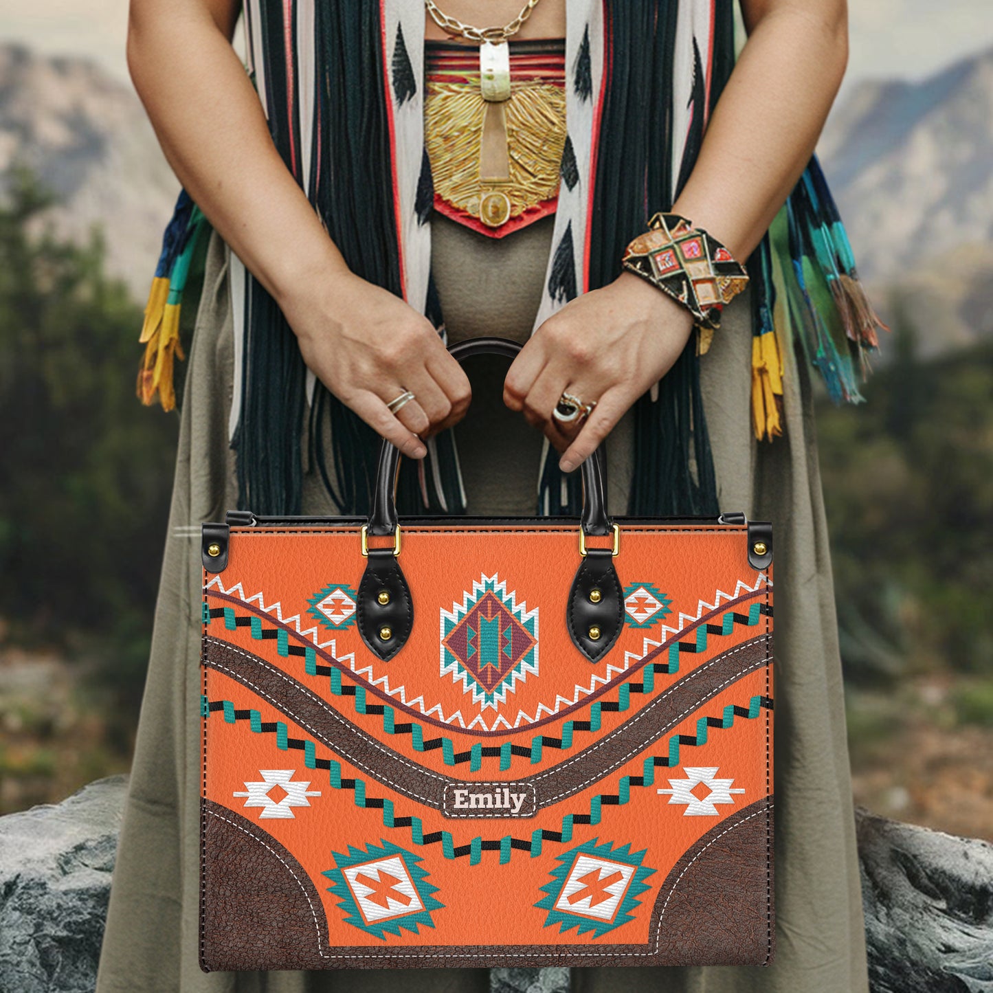 Personalized Leather Handbag for Women - Design Patten Boho Aztec Style LB10