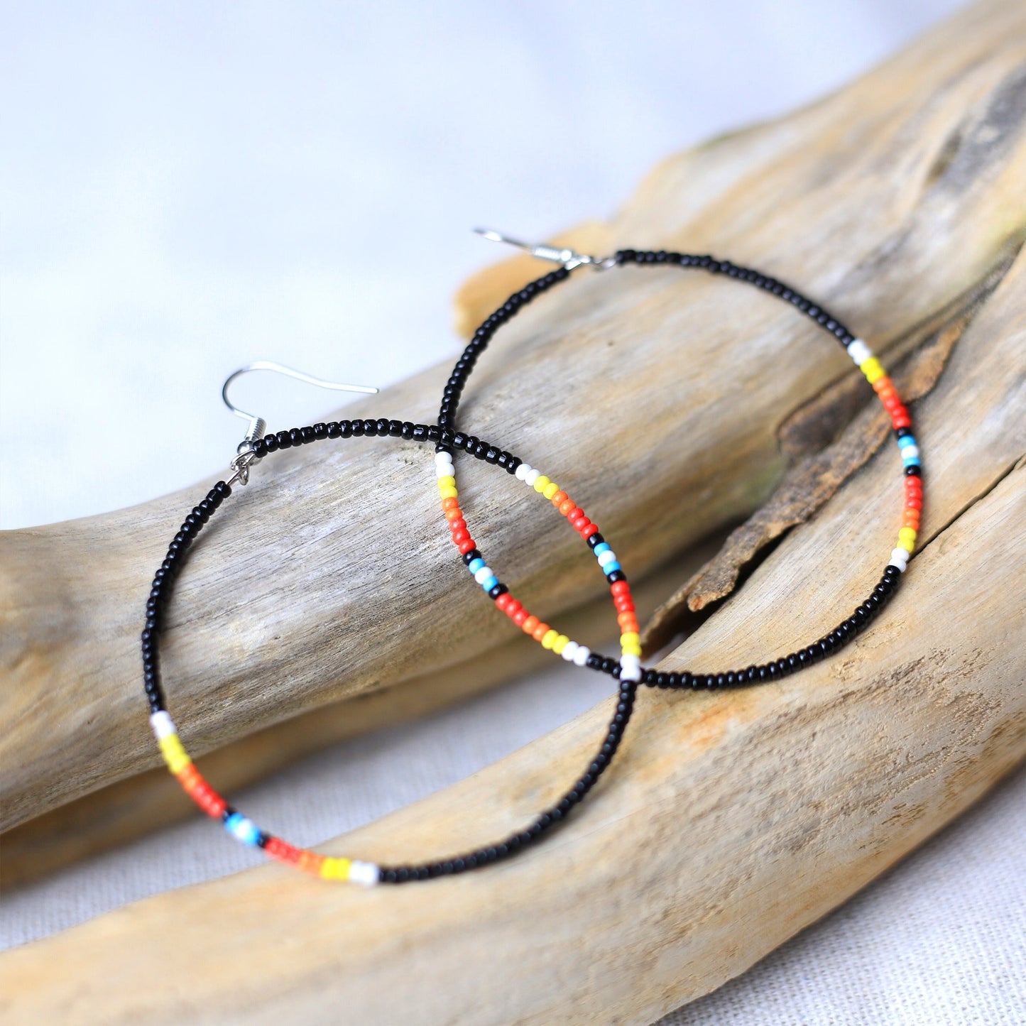 SALE 30% OFF - Black Round Pattern Beaded Handmade Hoop Earrings For Women