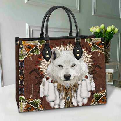 White Wolf With Headress Feathers Leather Handbag WCS021