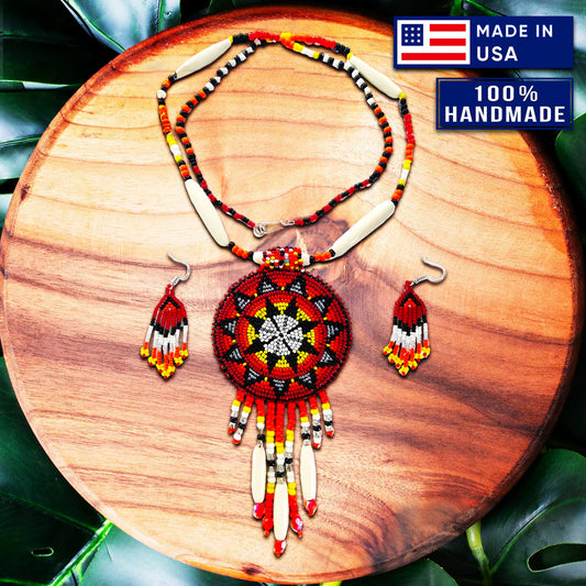 SALE 50%OFF - Red Seed Beads Long Medallion Star Fire Color Beaded Necklace Earrings Set