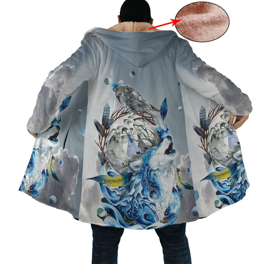 Wolf & Fish Water Art Horn Button Long Fleece Windbreaker WCS