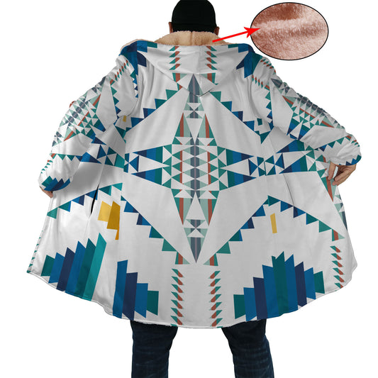 White & Blue Pattern Horn Button Long Fleece Windbreaker WCS