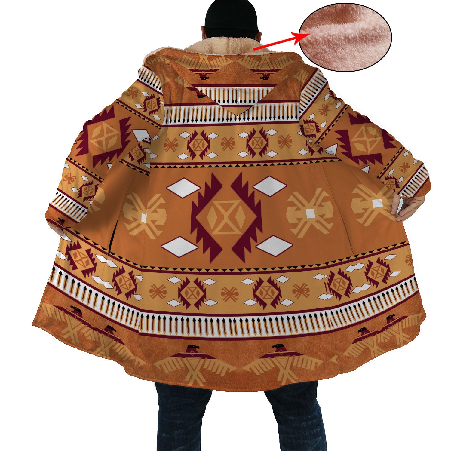 Native American Brown Pattern Horn Button Long Fleece Windbreaker WCS