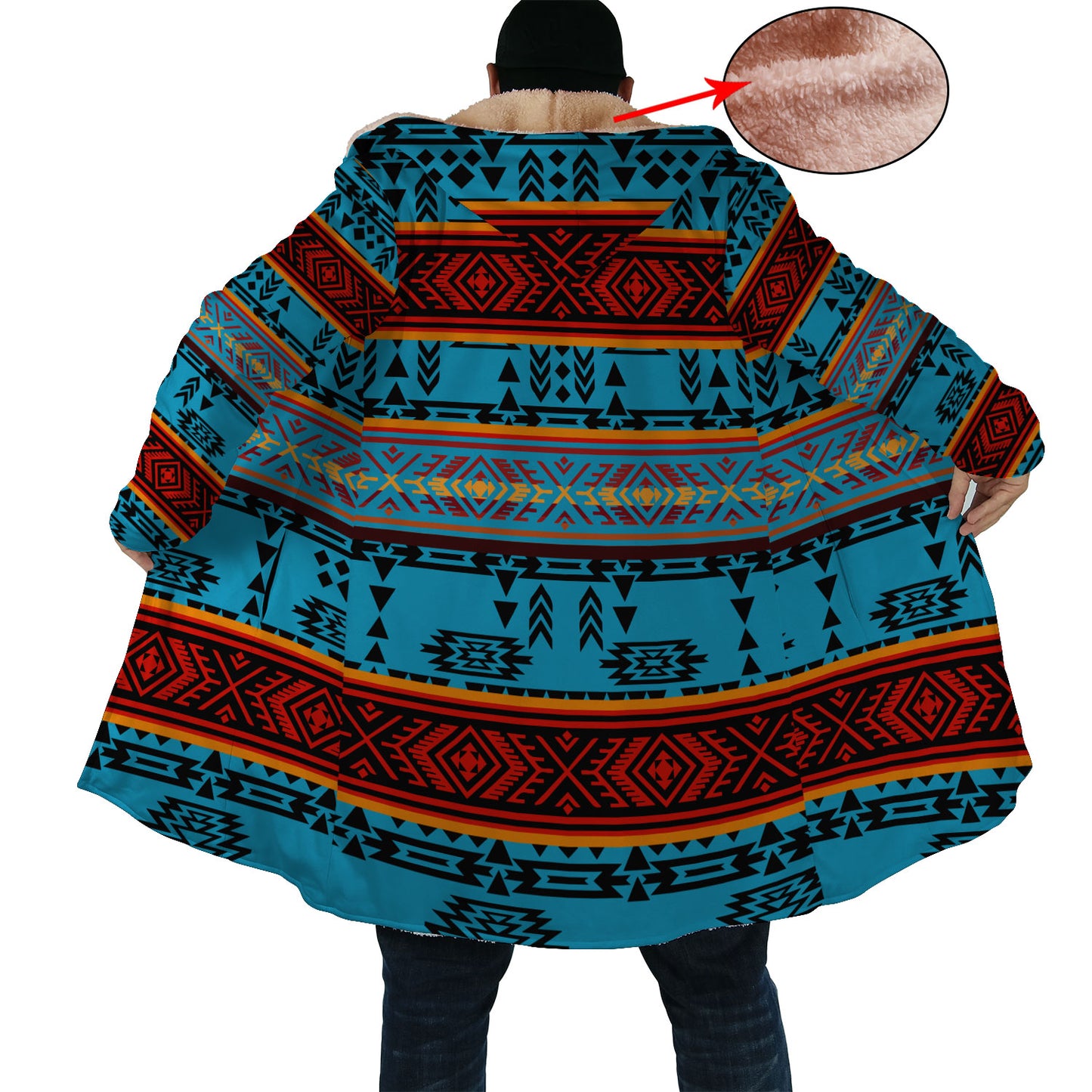Blue, Red & Black Pattern Horn Button Long Fleece Windbreaker WCS