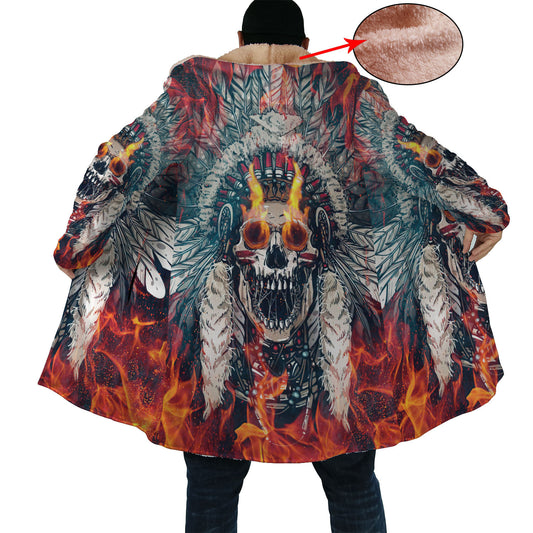 Native American Skull With Fire Eyes Horn Button Long Fleece Windbreaker WCS