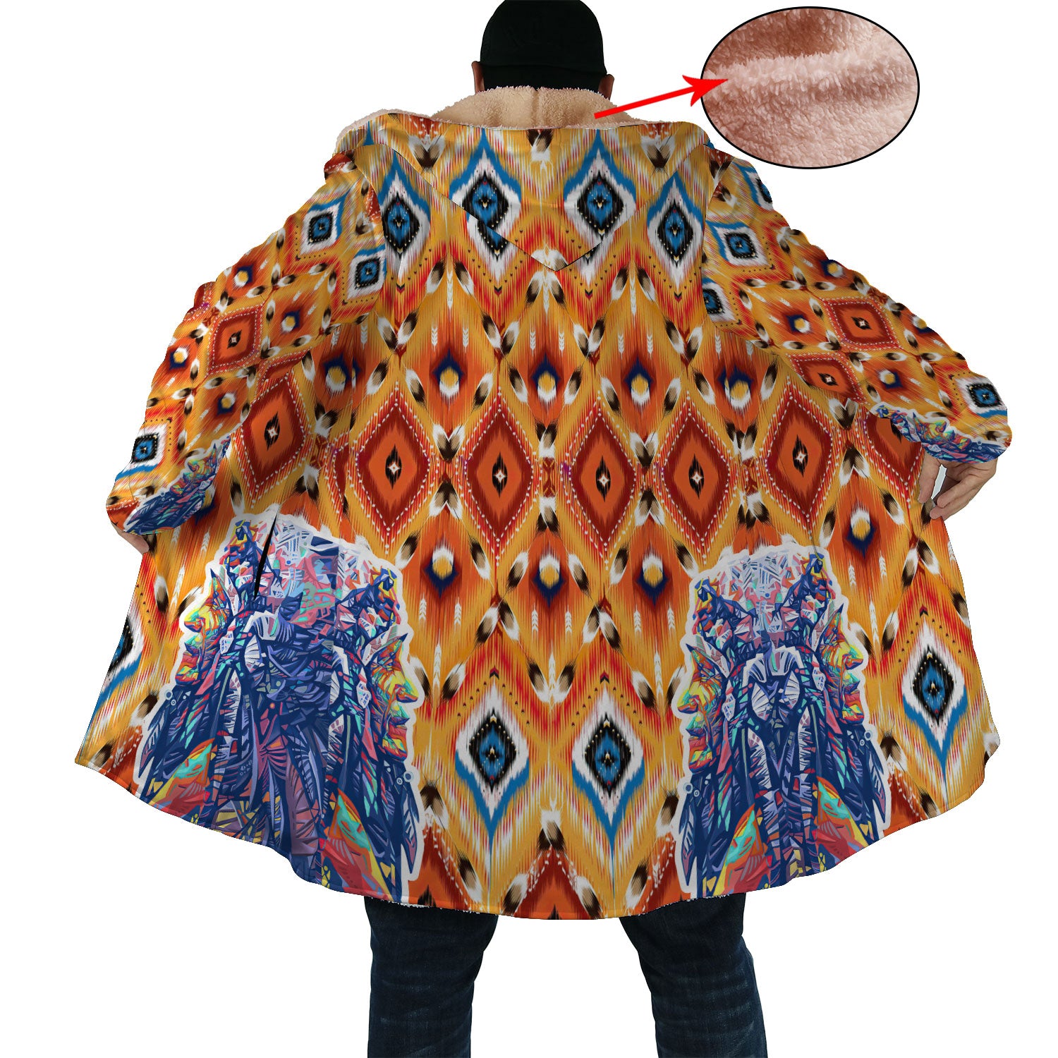 Peacock Tail Pattern Horn Button Long Fleece Windbreaker WCS