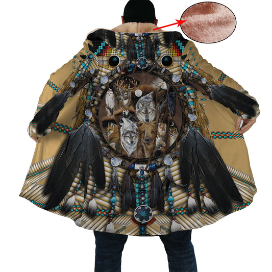 Animal Spirit Dreamcatcher Horn Button Long Fleece Windbreaker WCS