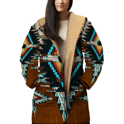 Native American Brown Pattern Horn Button Long Fleece Windbreaker WCS