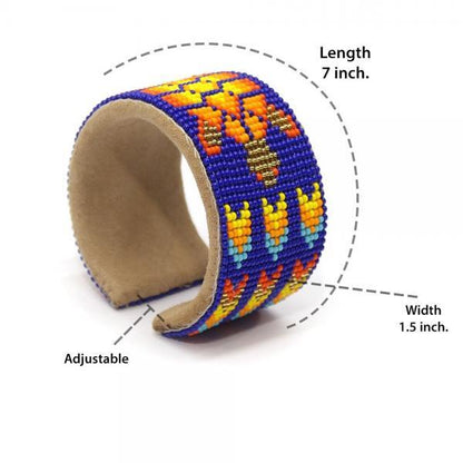 Blue Orange Turtle Seed Bead Bracelet Hard Cuff Wide Leather WCS