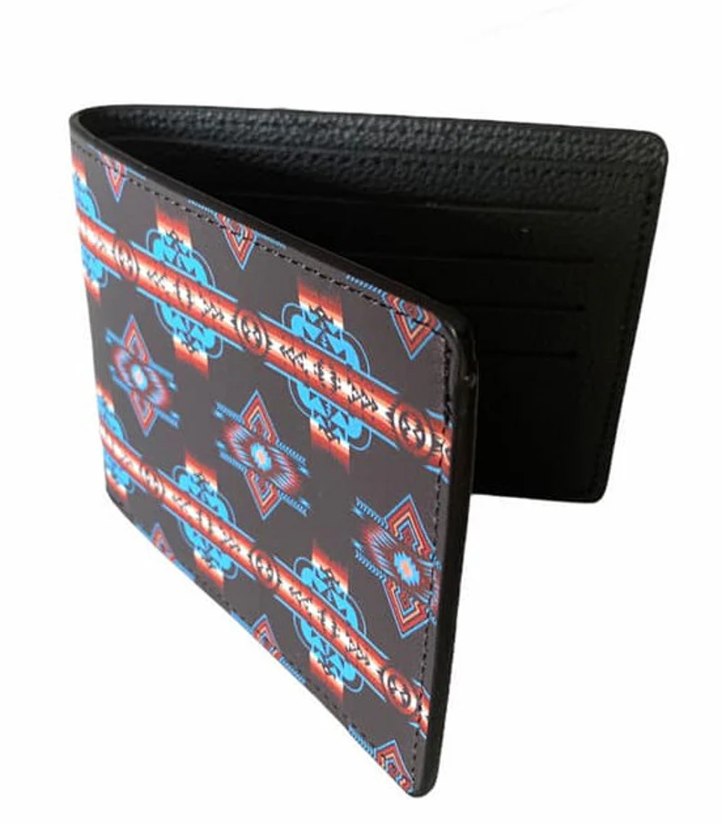 Southwest native design Men's Leather Bifold ID Card Holder Purse Wallet WCS