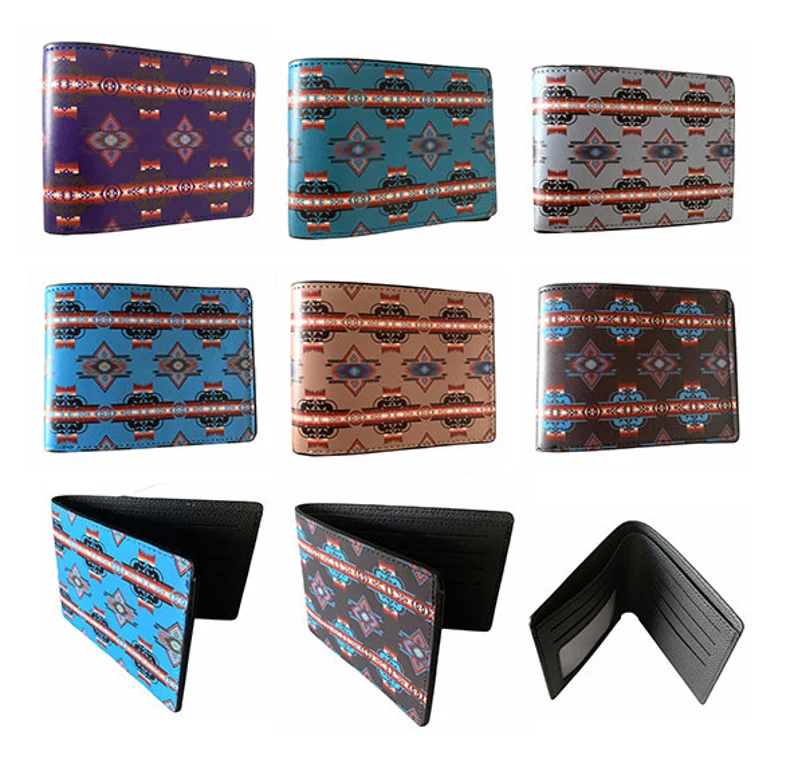 Southwest native design Men's Leather Bifold ID Card Holder Purse Wallet WCS