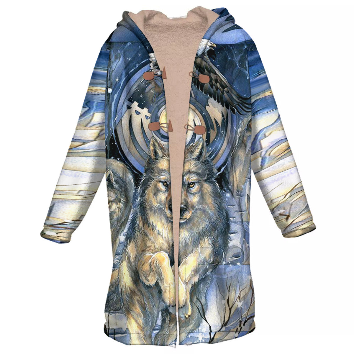 Wild Wolfs Spirit Horn Button Long Fleece Windbreaker WCS