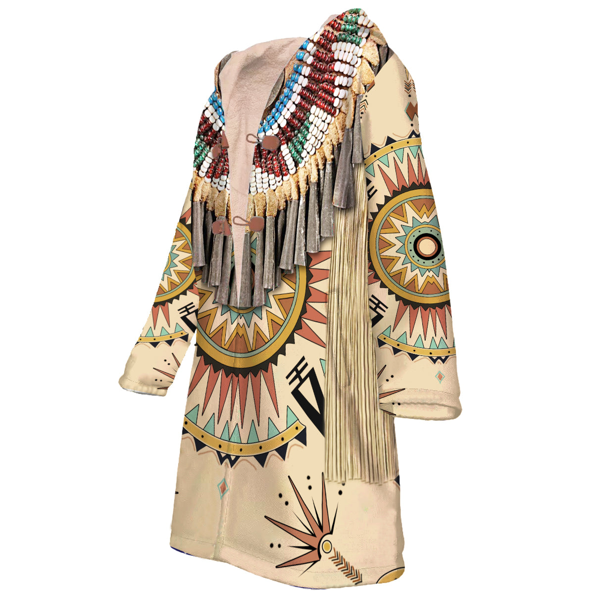 Native American Pattern Horn Button Long Fleece Windbreaker WCS