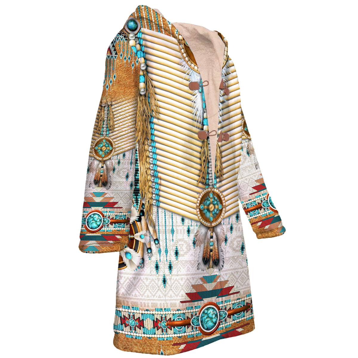 Native American Pattern Horn Button Long Fleece Windbreaker WCS